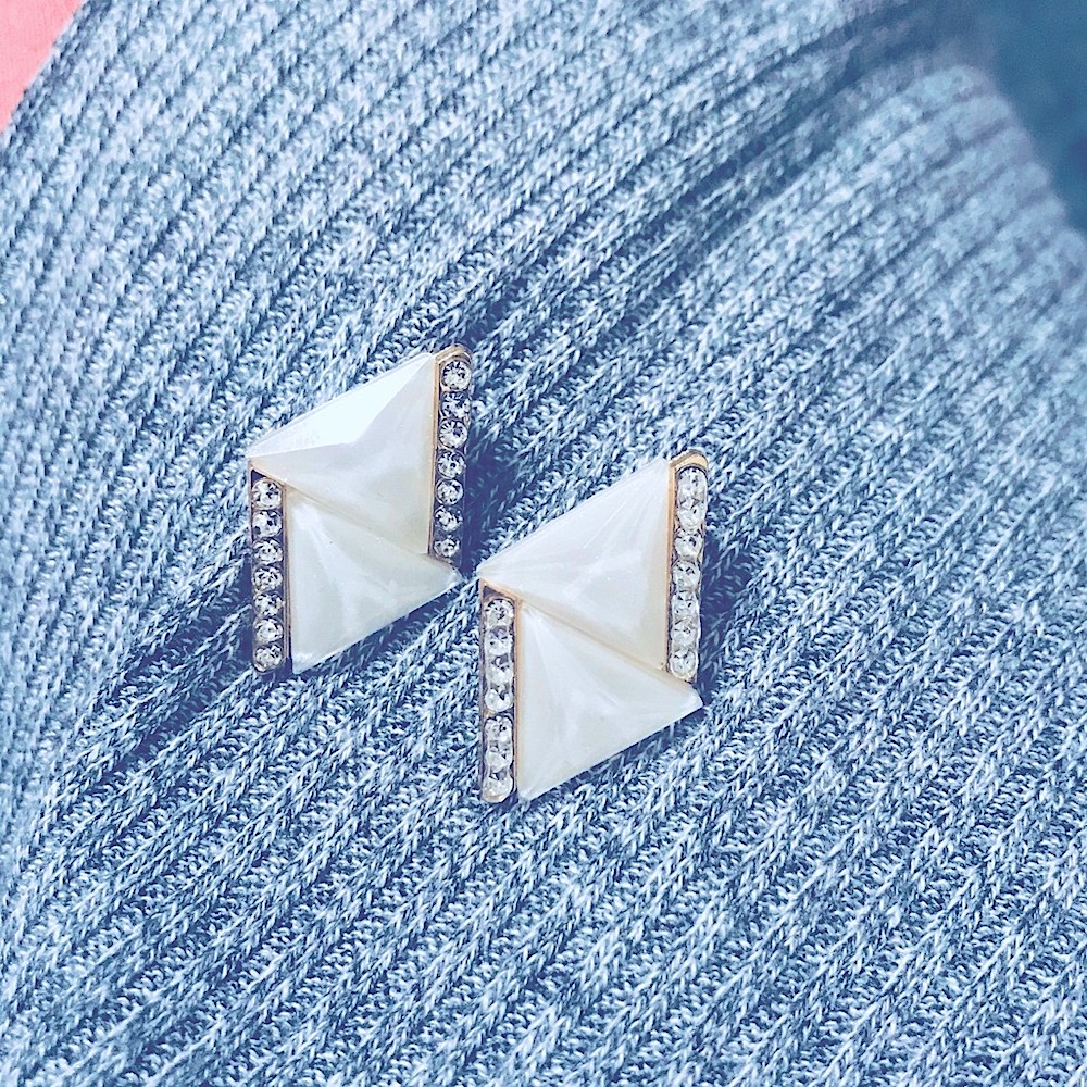 NEW: Elegant Glistening Ivory Acrylic Geometric Earrings w/Diamond Paved Accents